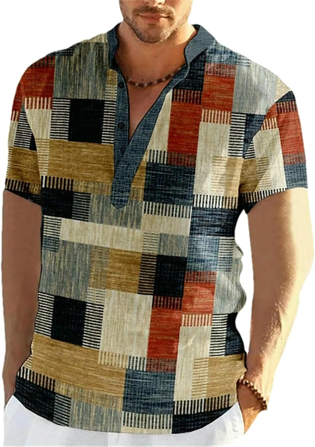 

Мужская футболка с воротником стойкой и коротким рукавом в стиле Vintage Patchwork Color Block 3D Print GaoLeAve