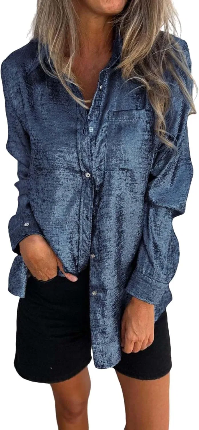 Блуза из сатина с V-образным вырезом, Women Satin Silk Blouse, синий