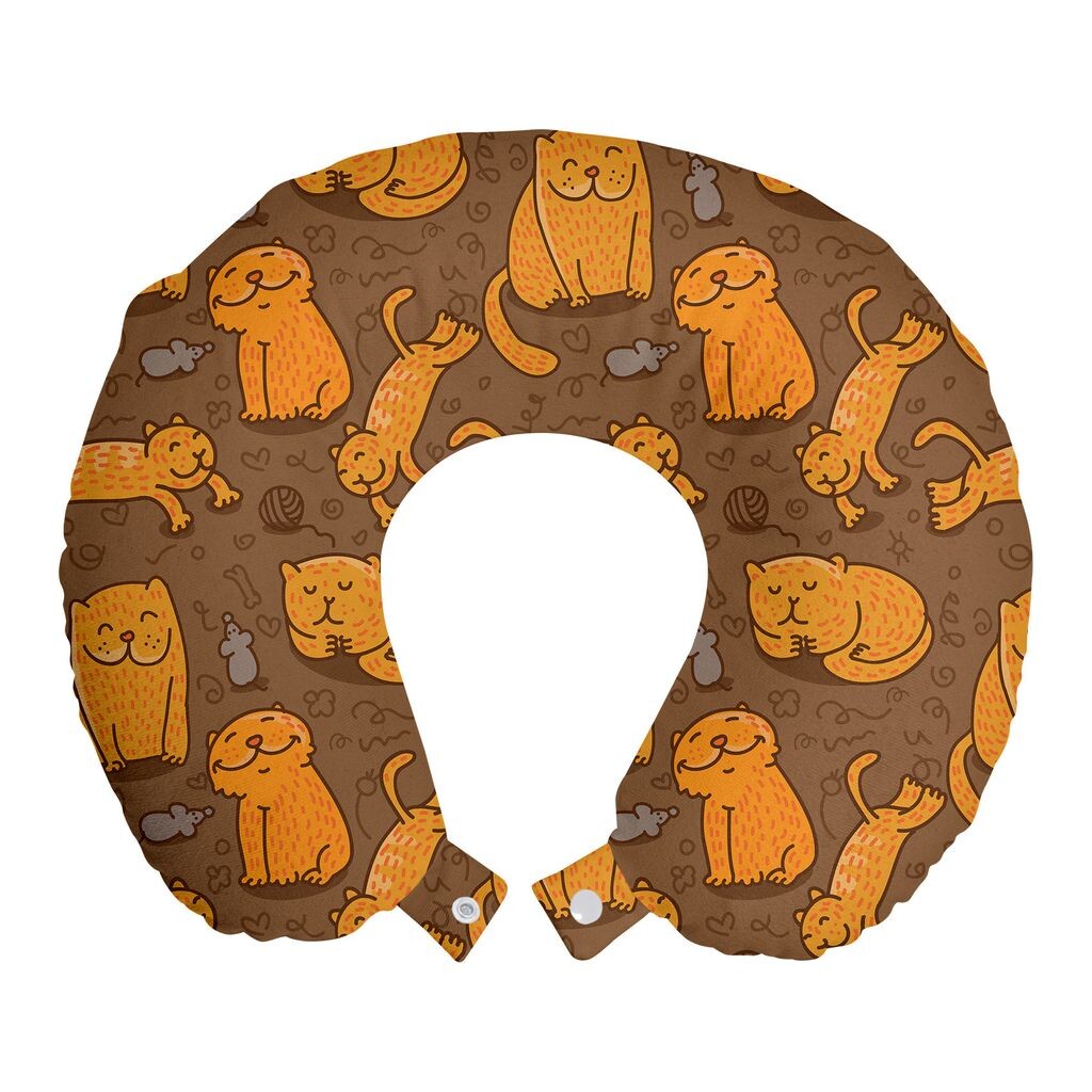 

ABAKUHAUS Подушка для путешествий для кошек, поддержка шеи, Nursery Orange Happy Kitties, пенопластовые дорожные принадлежности для самолета и автомобиля, 30x30 см, темно-коричневые бархатцы