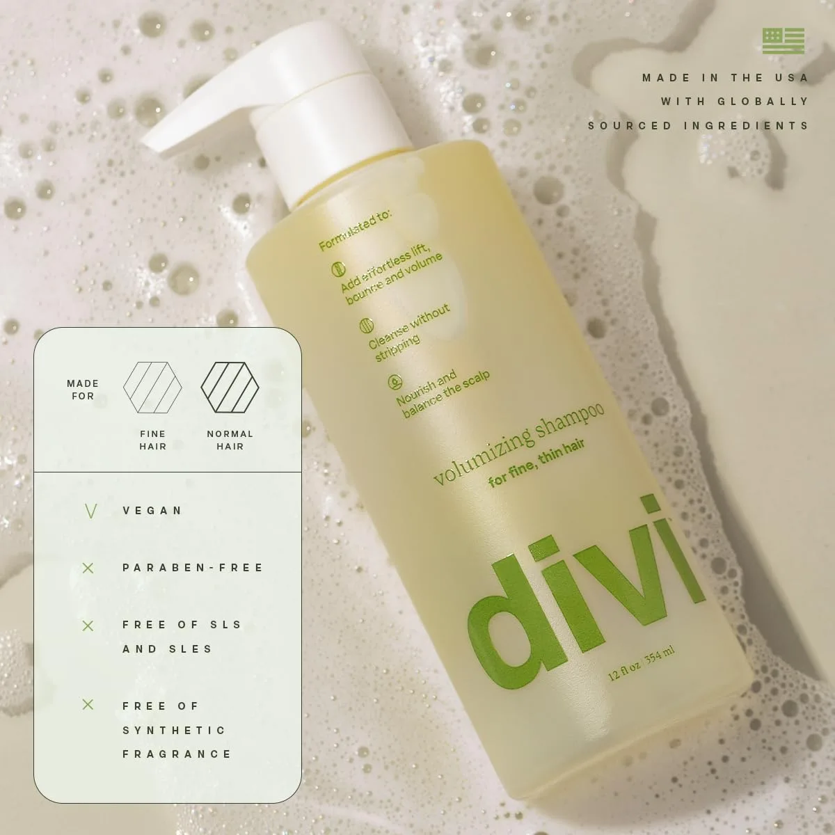 Шампунь Divi Volumizing для женщин и мужчин - легкий шампунь для придания объема тонким волосам - формула для очищения, питания и балансировки кожи головы. 355 мл (1 шт.), green — фото 4
