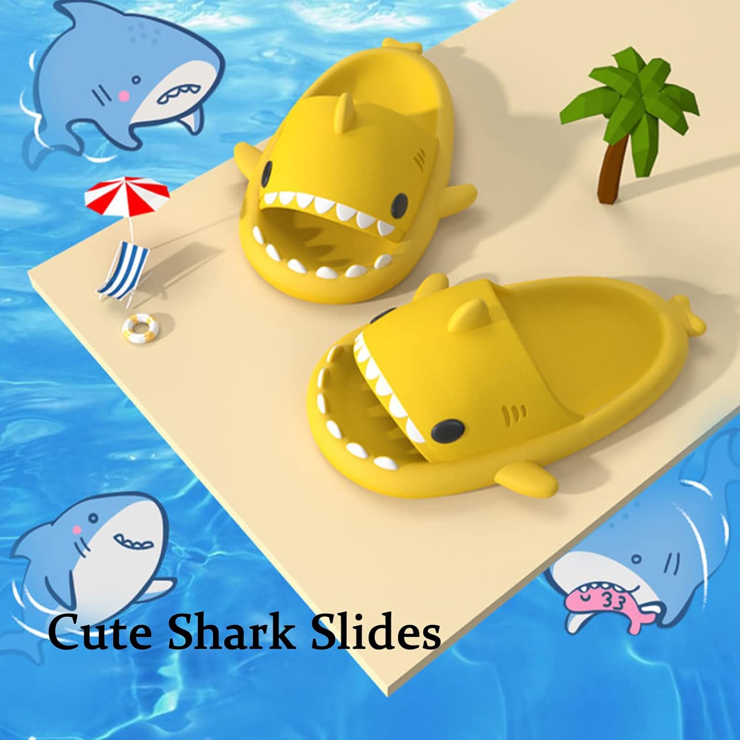 Шлепанцы Sharllen Shark для женщин и мужчин с милым забавным мультяшным дизайном, противоскользящие, с открытым носком, легкие летние шлепанцы с акулой, желтый — фото 2