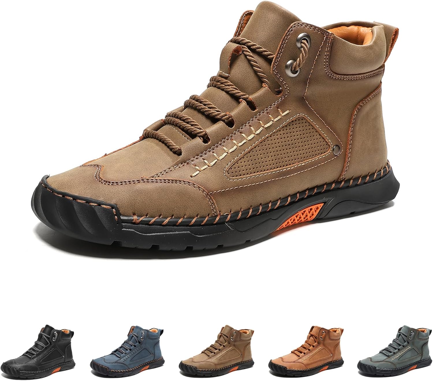 

Мужские кожаные ботинки, удобные мужские кожаные ботинки ручной работы - широкий водонепроницаемый суппорт, походная обувь для улицы Generic, хаки