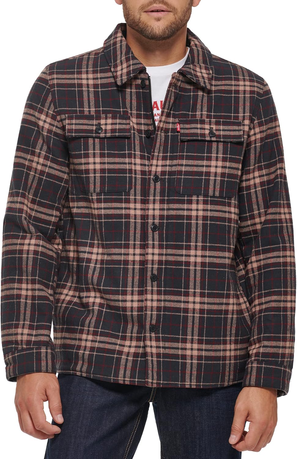 

Мужская клетчатая куртка-рубашка Levi's с капюшоном и подкладкой из шерпы (стандартные размеры, большие и высокие), New Brown/Tan Plaid