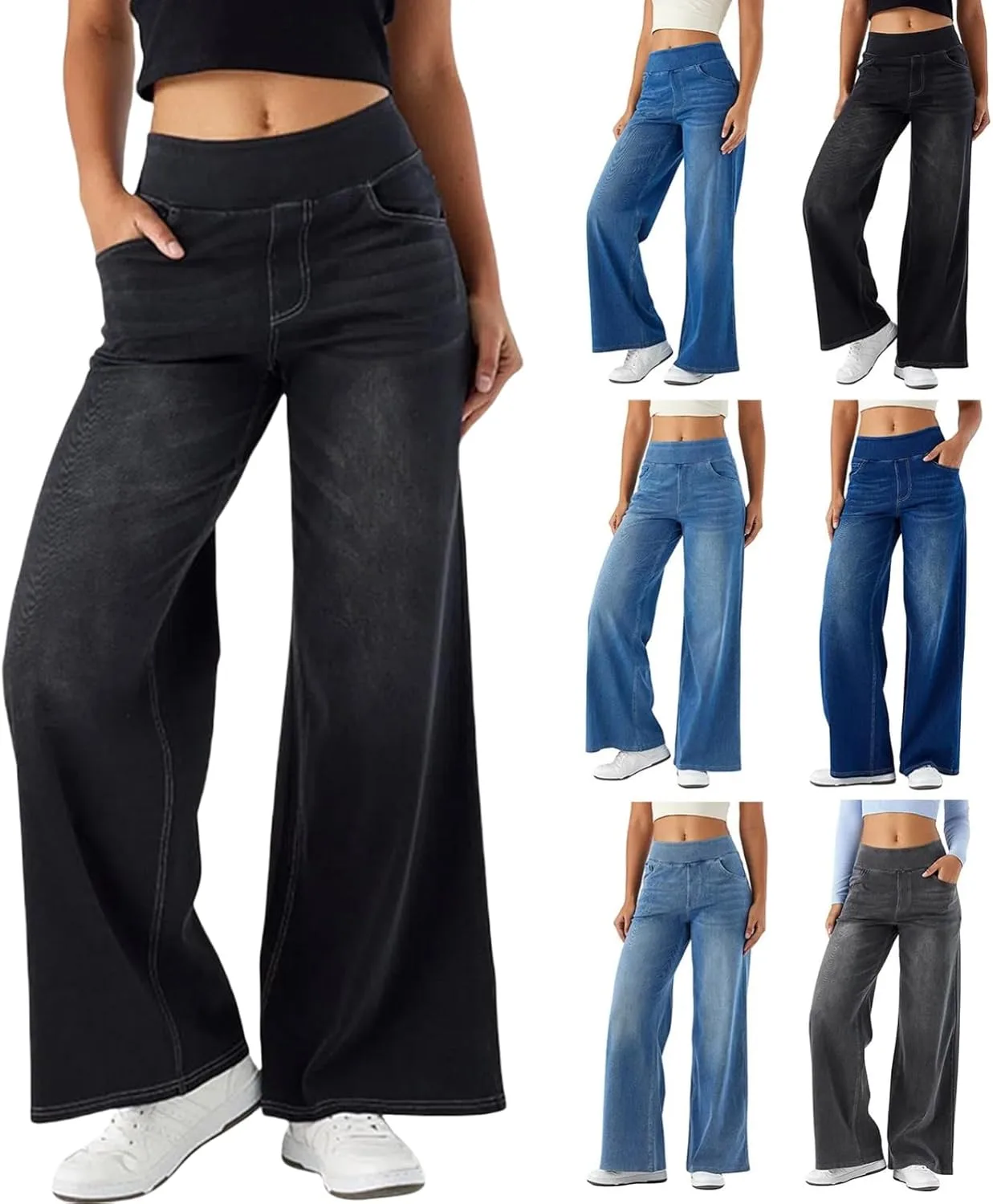 

Женские джинсы-джоггеры High Waisted Stretchy Pull On Wide Leg с карманами