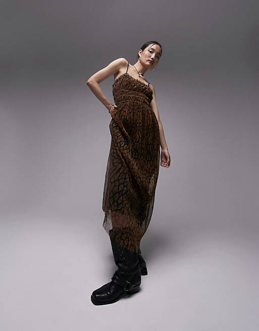 

Платье макси из плиссированной сетки и джерси Topshop