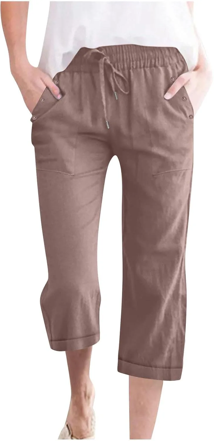 

Летние капри для женщин из льна с карманами и шнурком