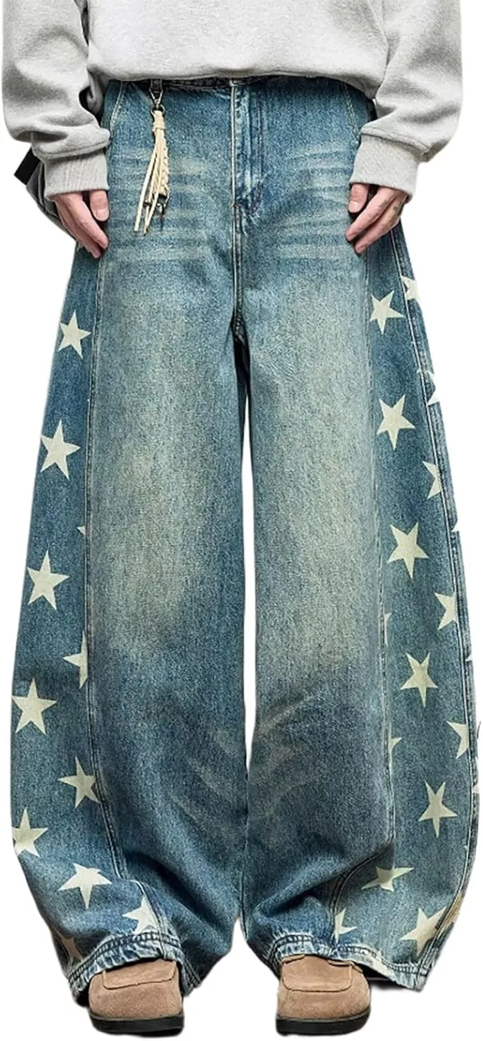 

Джинсы женские High Waisted Baggy Wide Leg с принтом звезд FEUSEUZ