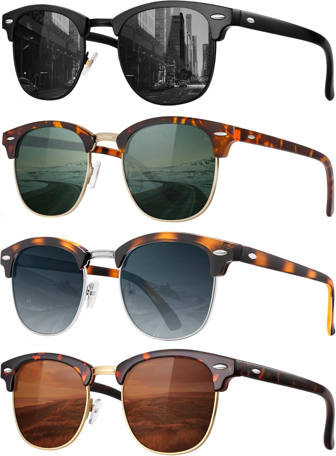 

Классические поляризованные солнцезащитные очки для мужчин и женщин в стиле ретро, ​​полуободковая оправа, 100% защита от УФ-излучения FURISHQI, 4pcs-black+leopard G15+leopard Tortoiseshell+leopard