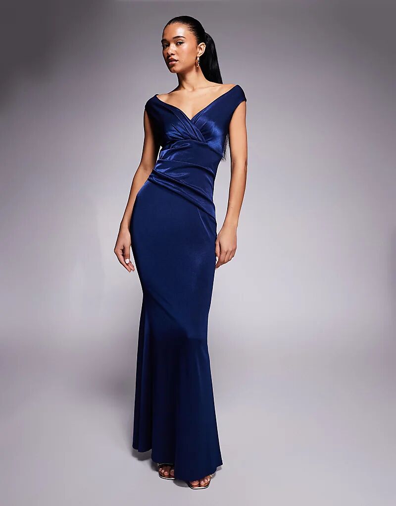 

Платье макси Goddiva Satin с открытыми плечами темно-синего цвета