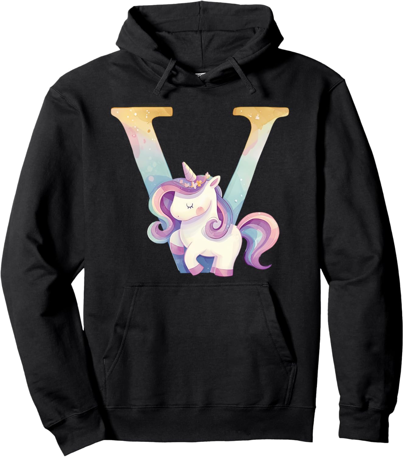 

Худи с монограммой V, нарядом на день рождения с единорогом и буквой V Unicorn Alphabet Tees Nyc, черный