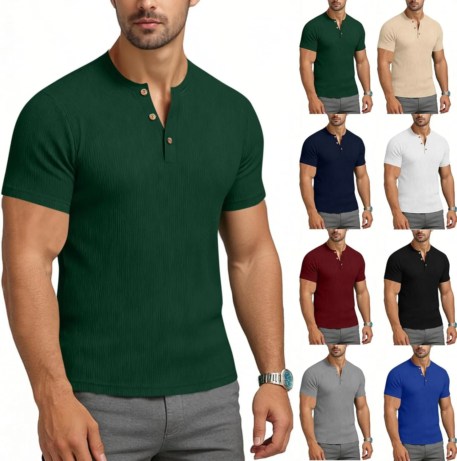 

Мужская футболка Henley с коротким рукавом и ребристым трикотажем