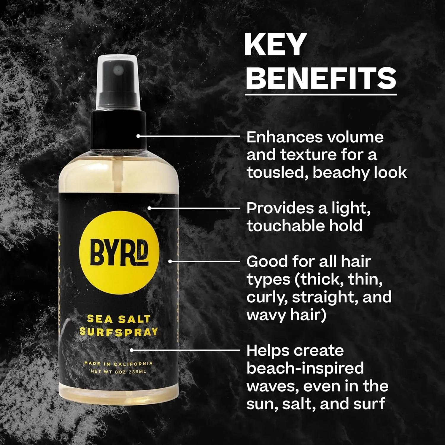 Byrd Hairdo Products Byrd Sea Salt Surfspray, аромат Salty Coconut, текстурирующий и объемный спрей с морской солью для мужчин, 237 мл — фото 2