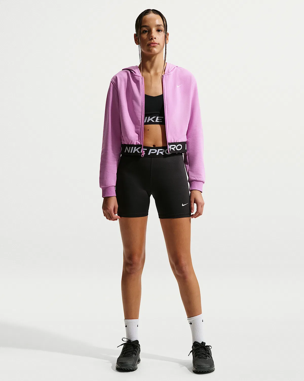 Детская (девичья) флисовая кофта Nike Pro Fleece Dri-FIT на молнии, Light Magenta/Light Magenta/Black/White — фото 4