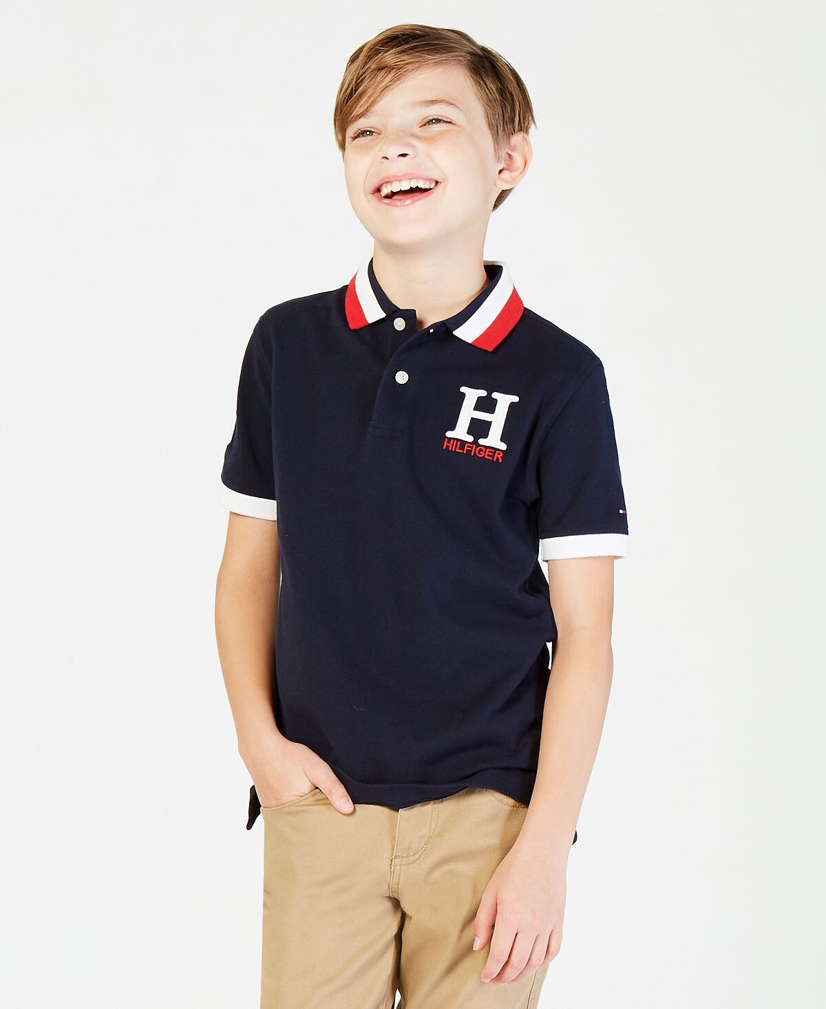 

Матовая футболка-поло с полосатым воротником и вышивкой Big Boys Tommy Hilfiger