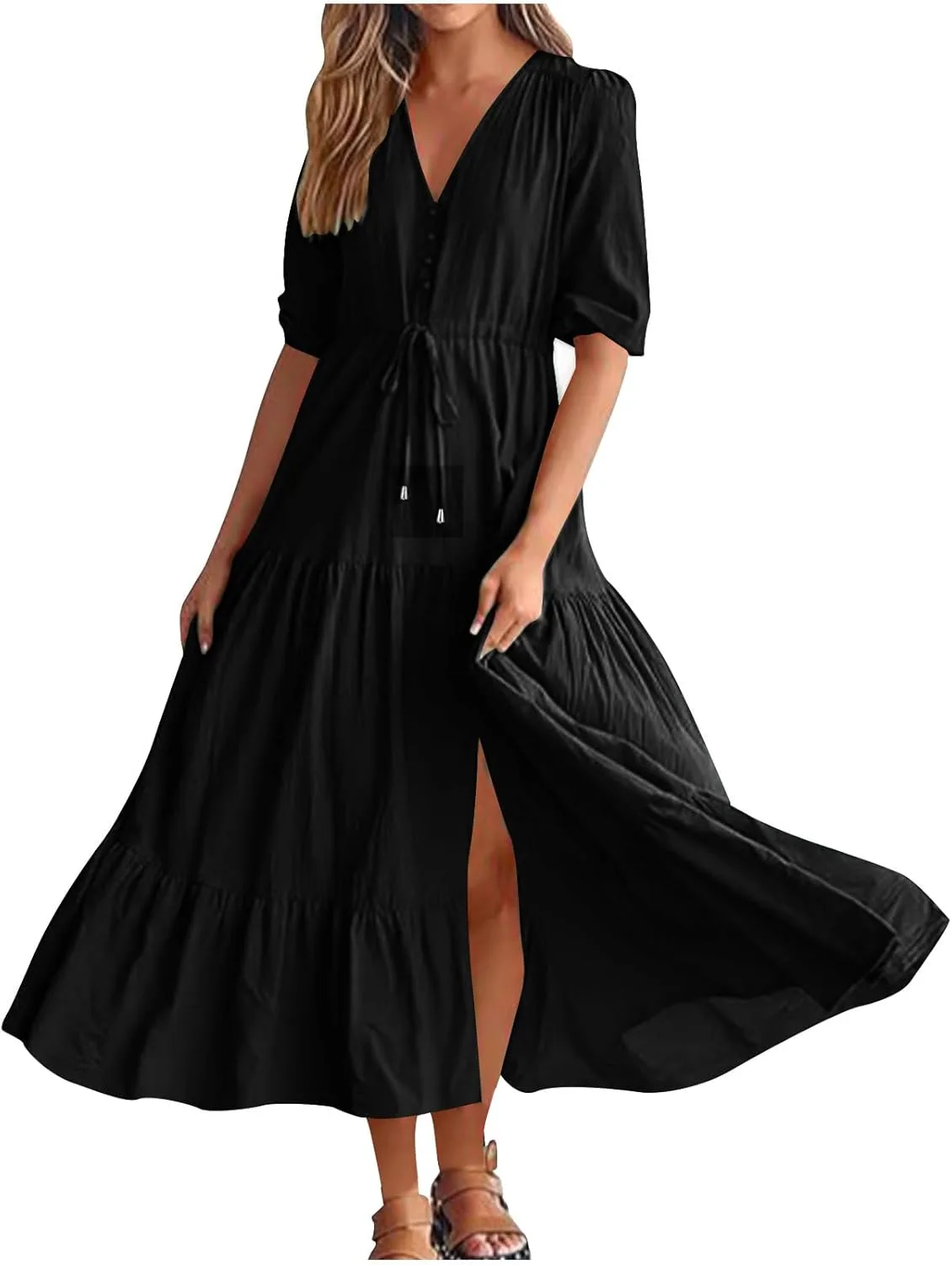 Платье Casual Boho 2024 с коротким рукавом, V-образным вырезом, завязкой на талии, ярусами и расклешенным силуэтом, летнее струящееся макси для отпуска Generic, черный