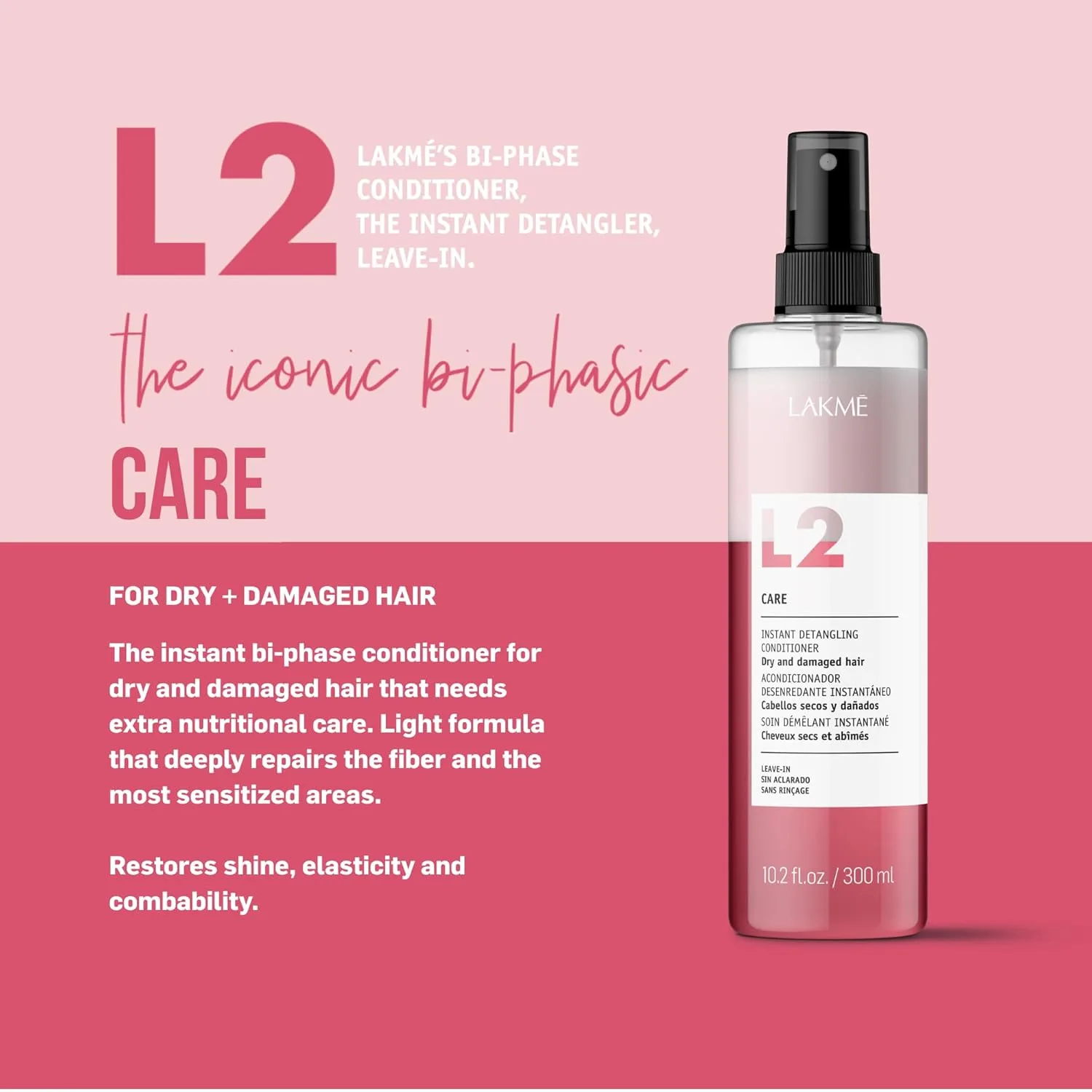 Двухфазный кондиционер Lakmé L2 Care, спрей для распутывания волос, несмываемый кондиционер-спрей для сухих и поврежденных волос. 302 мл — фото 2