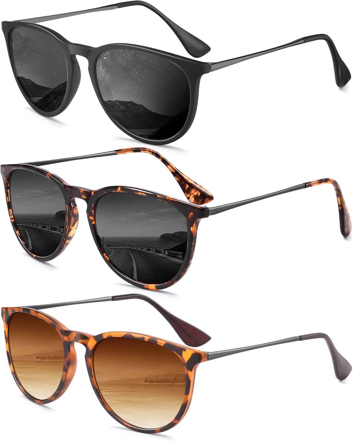 

Женские поляризованные солнцезащитные очки: ретро круглые солнцезащитные очки с защитой UV400, модный набор из 3 штук QALLY, Black/Grey + Matt Leopard/Gradient Brown + Glossy Leopard/Grey