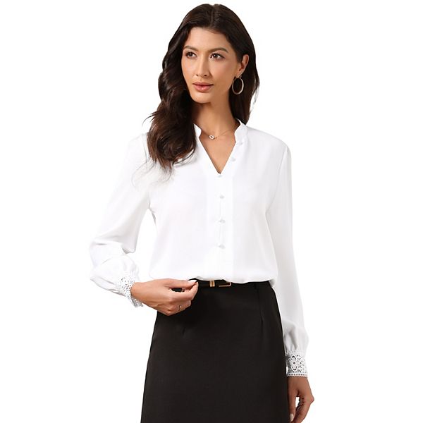 

Повседневная блузка для офиса женская шифон с отложным воротником и разрезом v-образного выреза с длинным рукавом Inspire Chic