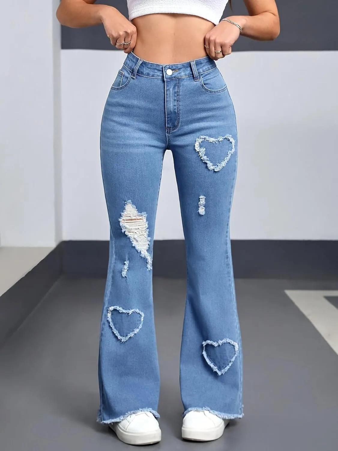 Джинсы Bell Bottom для женщин Stretchy Skinny с дизайном в форме сердца — фото 4