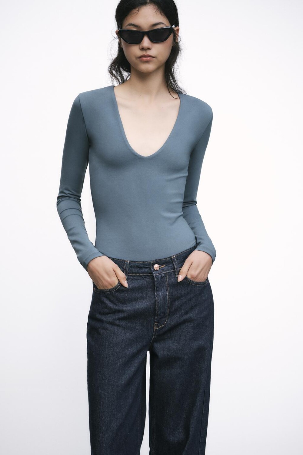 

Боди из хлопка с длинными рукавами ZARA, синий/серый