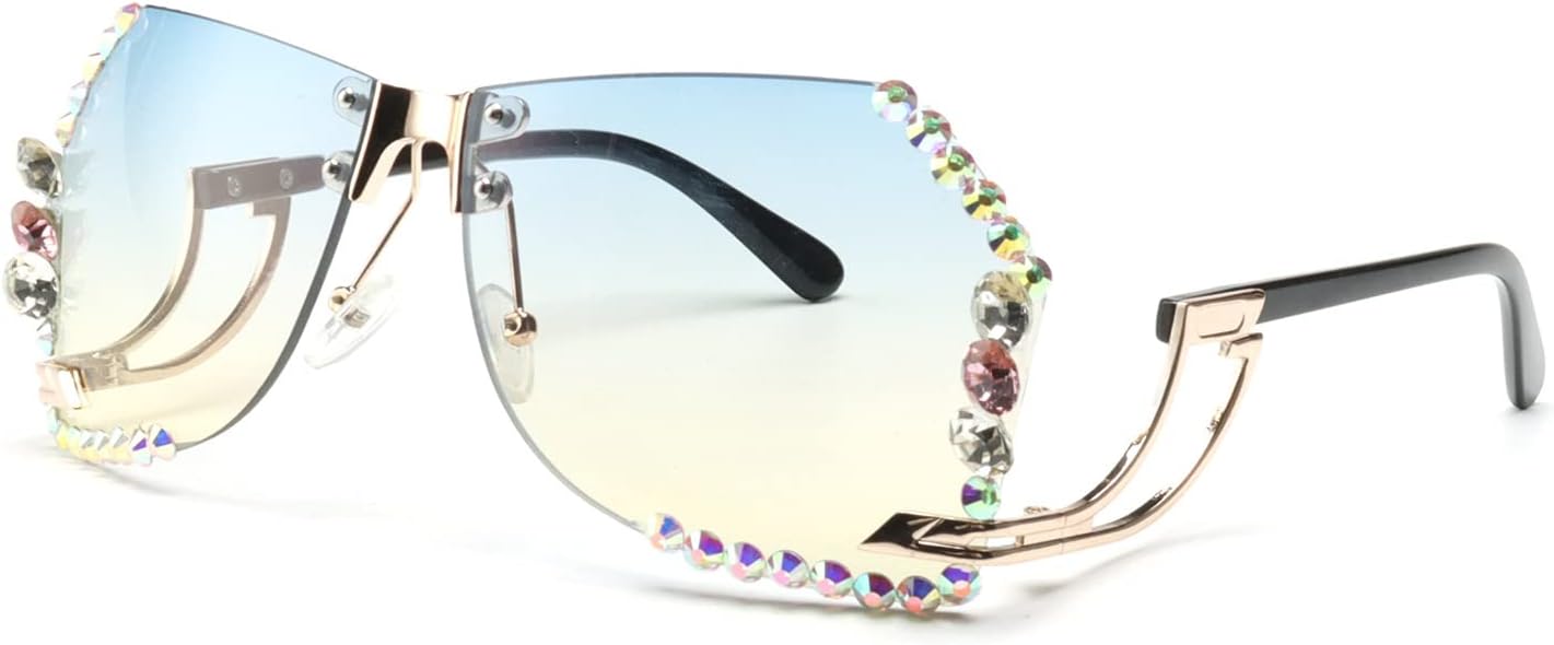 

Солнцезащитные очки Willochra без оправы со стразами, женские солнцезащитные очки большого размера без оправы с градиентными линзами и алмазной огранкой, для вечеринок, Blue Yellow