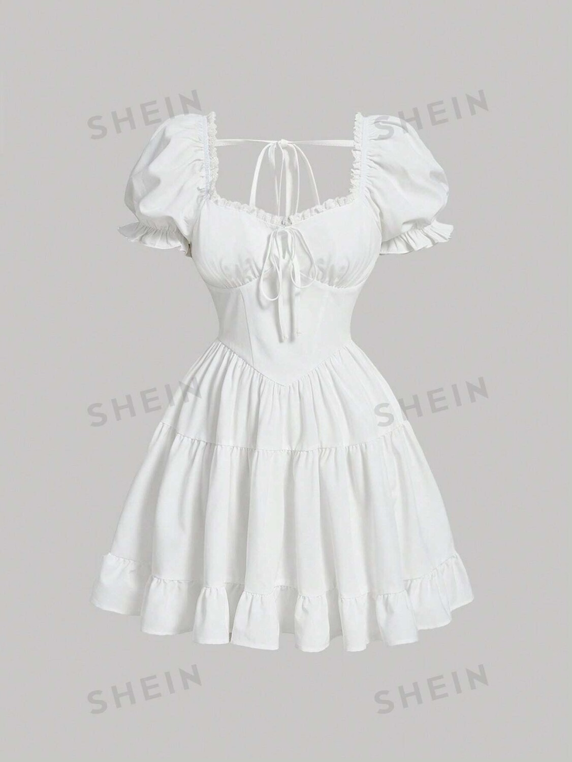 

Платье MOD, Однотонное, бант спереди, оборки/рюши Shein, белый