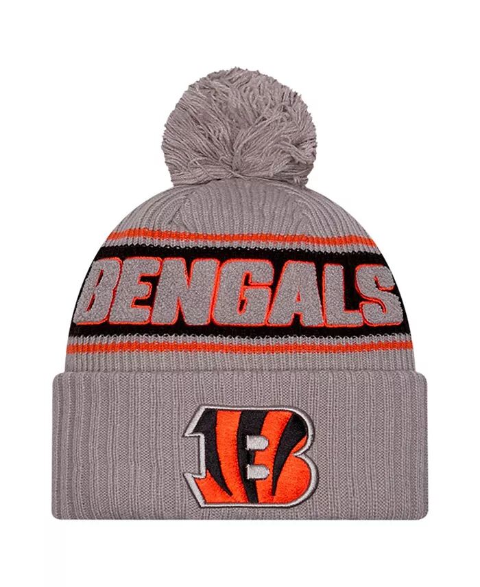 

Мужская серая шапка Cincinnati Bengals 2024 Sideline Sport с манжетами и помпоном New Era