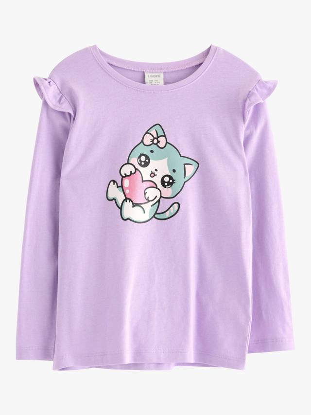 

Детский топ с длинными оборчатыми рукавами и кошачьим принтом из хлопка Lindex, Light Lilac
