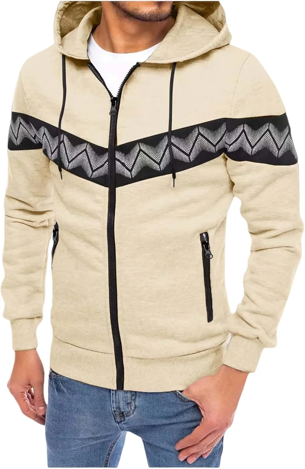 

Wankang мужская толстовка с капюшоном на молнии, принт, цветные блоки, карманы на молнии