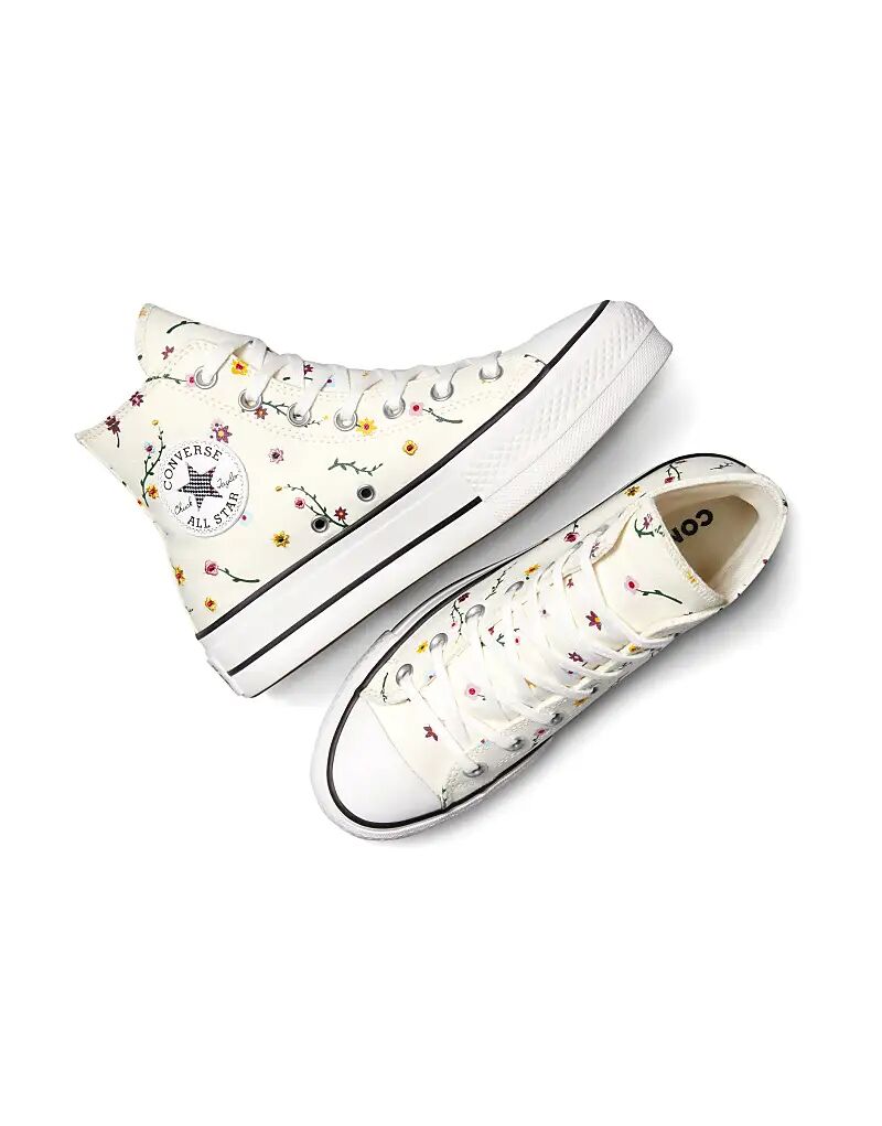 Кеды Converse Chuck Taylor All Star Lift на платформе с вышитыми цветами в цвете цапля/винтажный белый/черный — фото 2