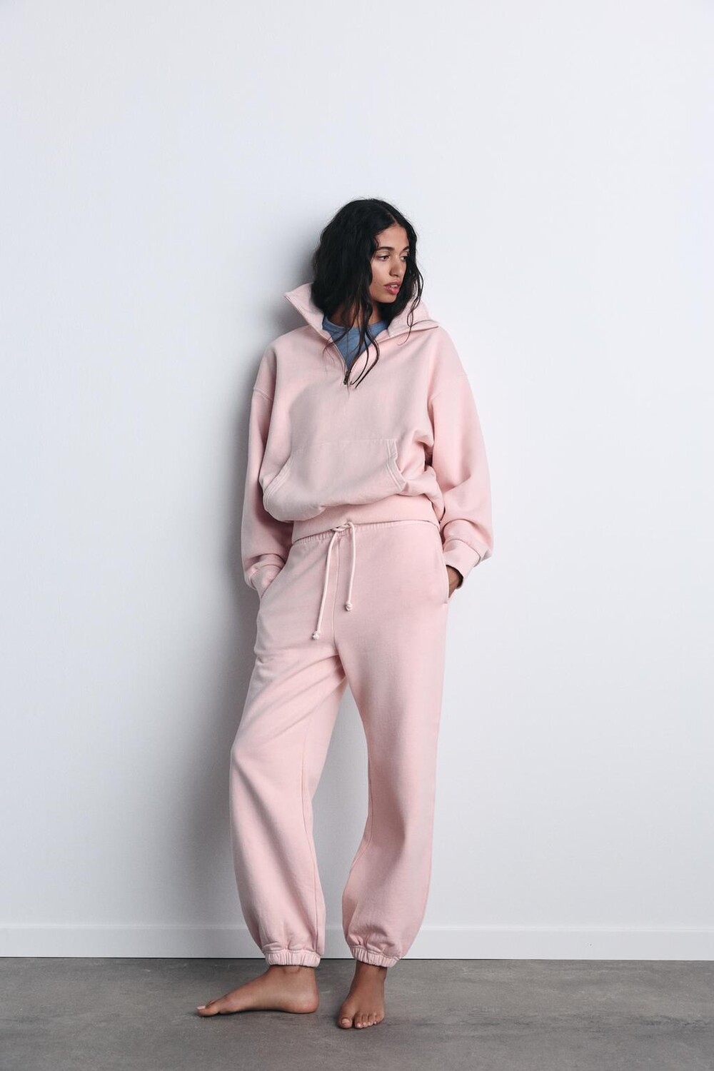 

Толстовка-поло с карманом-мешком ZARA, бледно-розовый