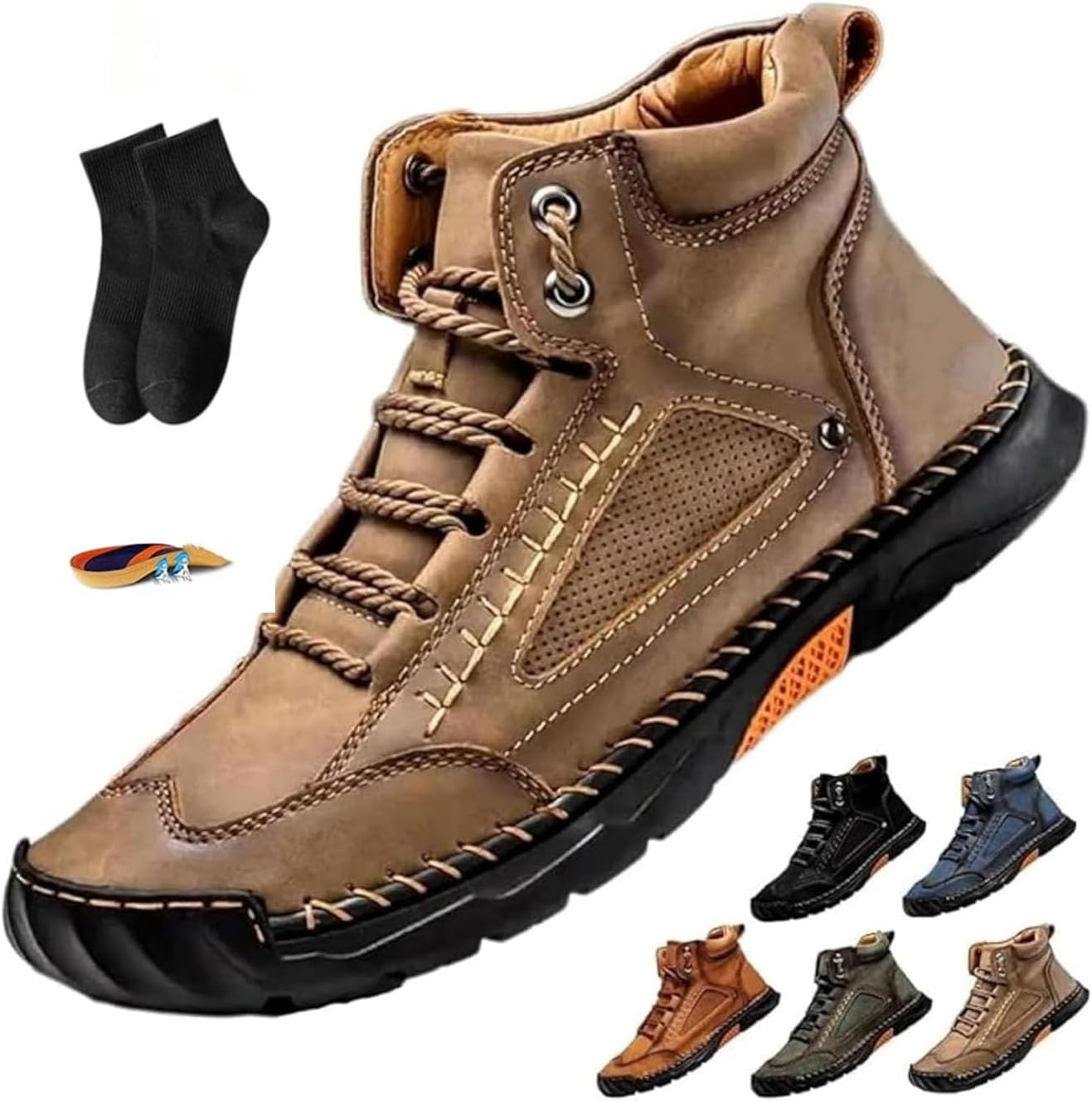 

Мужские кожаные ботинки, ортопедическая обувь для мужчин, удобные мужские кожаные ботинки ручной работы - водонепроницаемые, с поддержкой свода стопы, с просторным носком, кожаная обувь для улицы Noworfewer, хаки