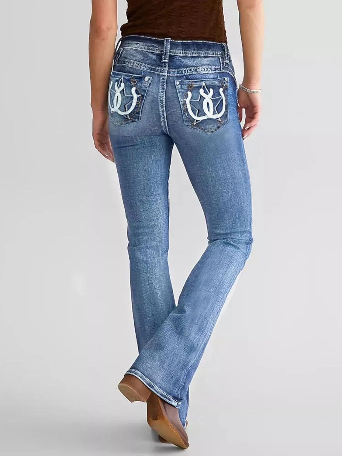 Джинсы для женщин bootcut mid rise с вышивкой стразами Generic, синий — фото 2