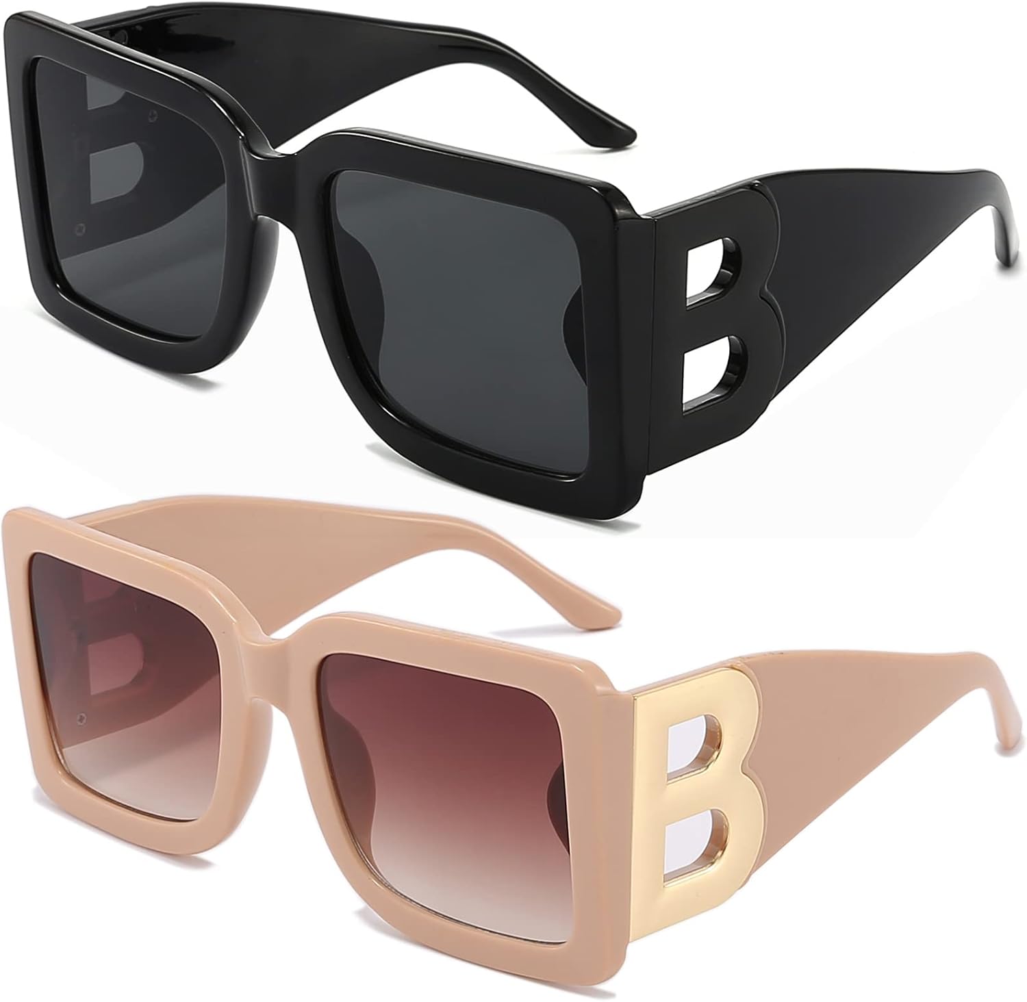 

PORADAY Модные большие квадратные солнцезащитные очки для женщин и мужчин, стильные, черная толстая оправа, роскошные дизайнерские солнцезащитные очки в современной крупной оправе, Two Pack (Black/Black+beige)