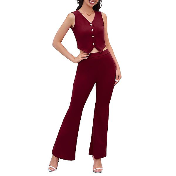 

Женский костюм из льна: жилет с пуговицами и брюки с высокой талией Clearflower, Burgundy