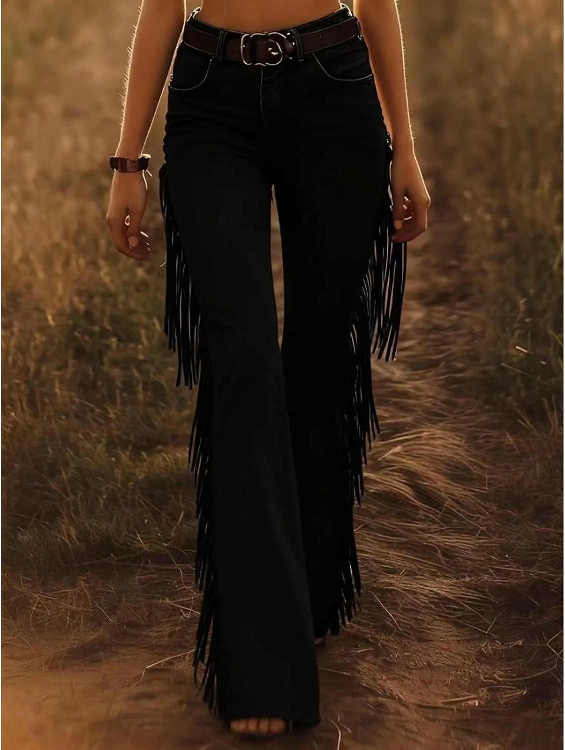 Брюки-джинсы Bootcut для женщин Vintage Western Brown Fringe с эластичным поясом — фото 2
