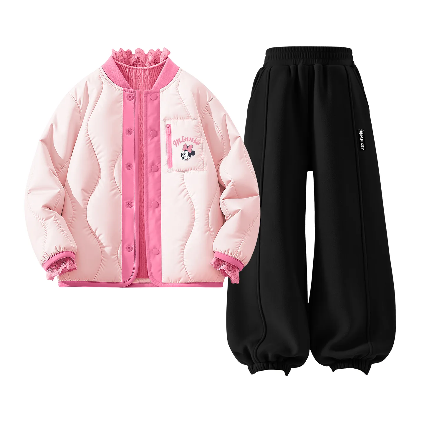 Детская повседневная спортивная футболка с круглым вырезом Disney, [Thickened and Fleece-Lined Three-Piece Set]Silicone, Di Lift Eye K Firework Pink+Di Long Hook-and-Loop K Black+Solid Color Rose Red