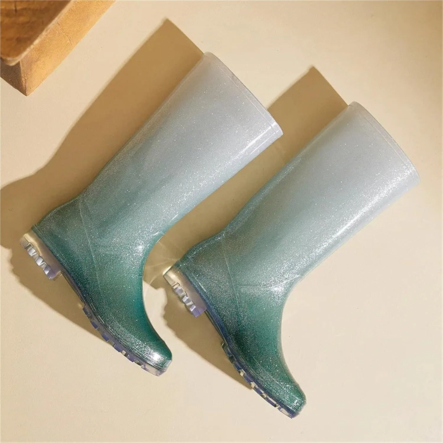 Ботинки Oberbekleidung High-Top-Gummistiefel for Damen, Farbverlauf-Gummistiefel, wasserdicht, rutschfeste Gummischuhe, hübsche Regenstiefel for Erwachsene Für Industrie Handwerk ZIHDKE, Green-Plush — фото 4