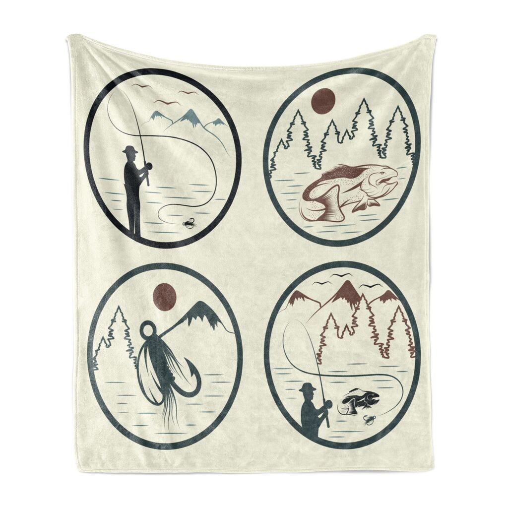 

ABAKUHAUS Fishing Theme Мягкое фланелевое флисовое одеяло, портретная рыбалка, уютный плюш для использования в помещении и на улице, 125 x 175 см, цвет слоновой кости и разноцветный, мультиколор