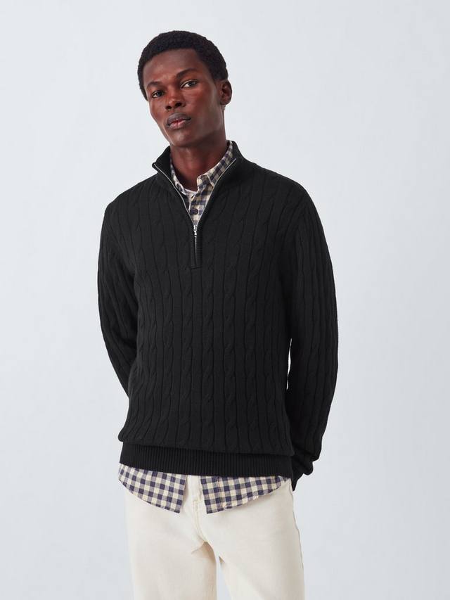 

Полузастёгивающийся свитер с высоким воротником и косой вязкой из хлопка с кашемиром John Lewis, Black