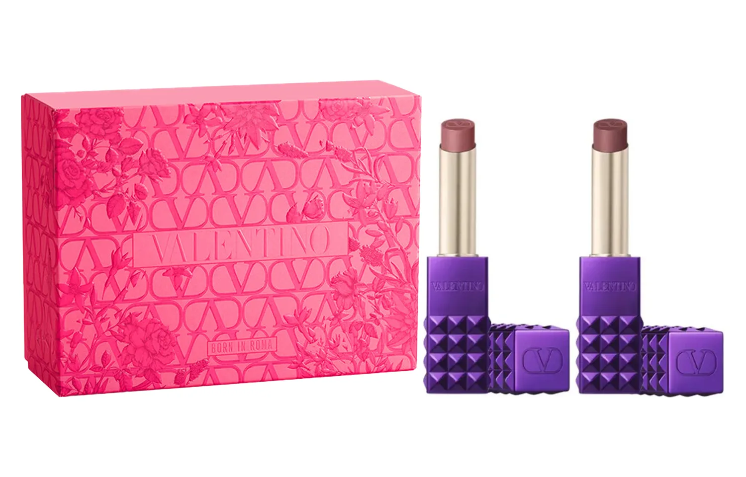 Valentino Помада матовая Wilderness Purple Double Studs, легко растушевывается, стойкая, 2,3 г+2,3 г, Two-Piece Set: Stud Lipstick Wilderness Purple Limited #125R+Stud Lipstick Wilderness Purple Limited #155R