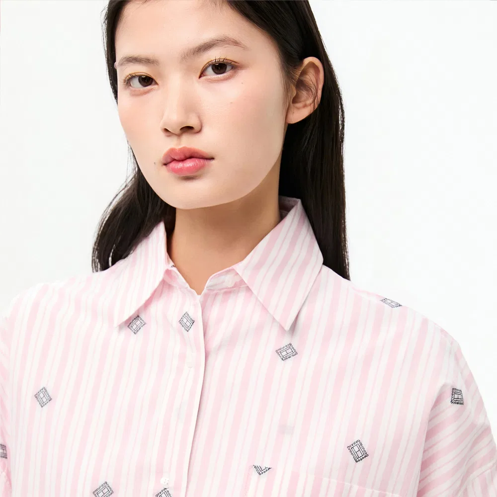 Женская розовая рубашка в полоску свободного кроя от Tommy Hilfiger Women — фото 4