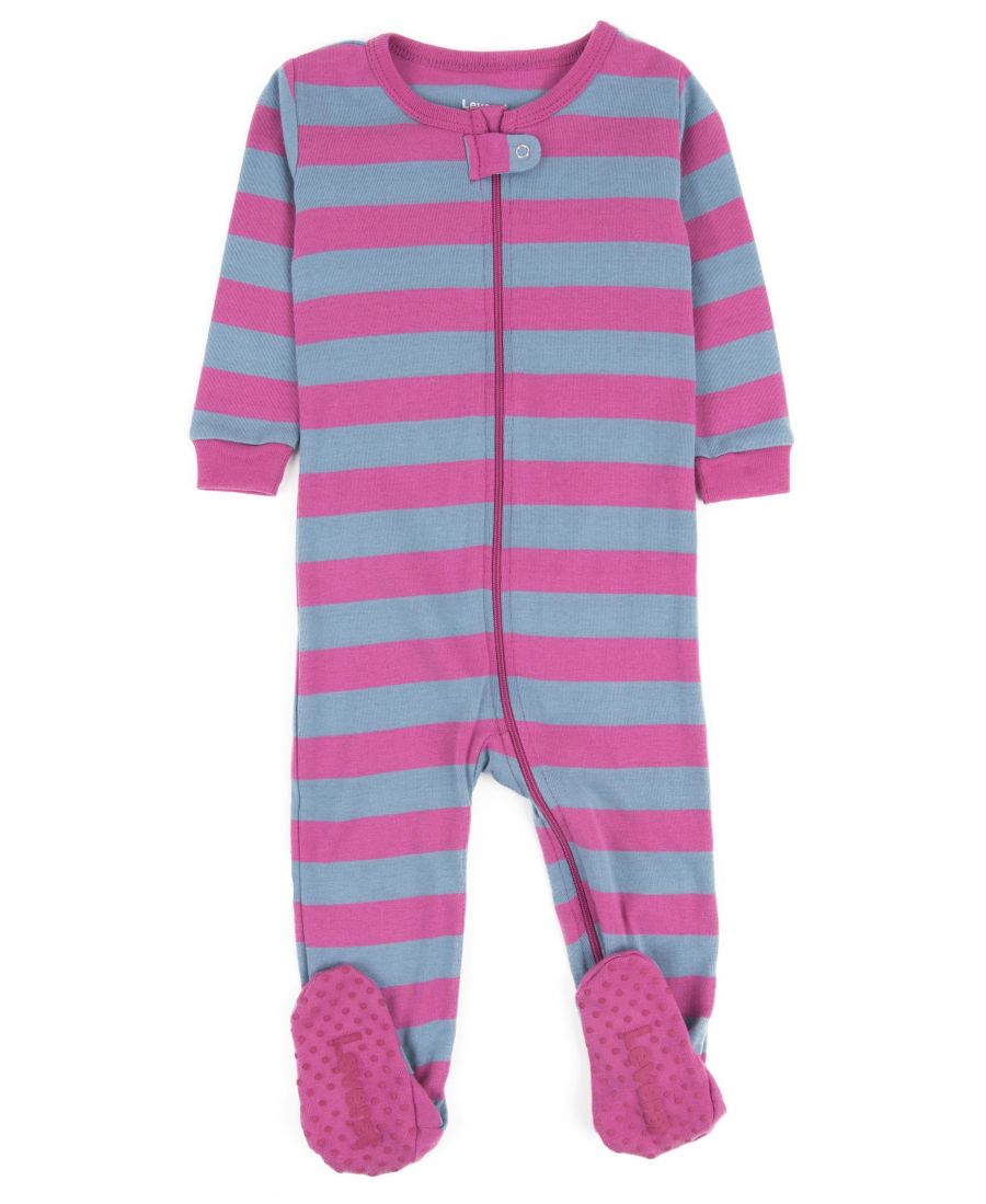 

Детская хлопковая полосатая праздничная пижама с закрытыми ножками Leveret, Purple & denim