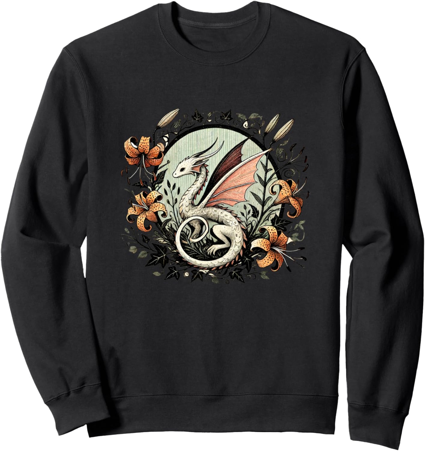 

Иллюстрация дракона и тигровой лилии. Садоводческие драконы. Художественная толстовка Boss Bubb, черный