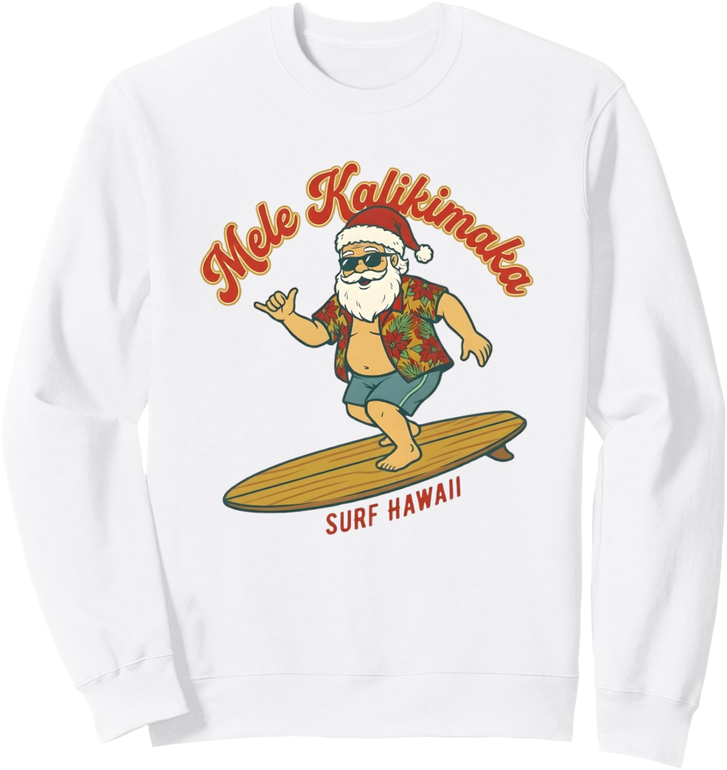 

Mele Kalikimaka Surfing Santa Hawaii Рождественская праздничная толстовка в стиле ретро в стиле ретро Mele Kalikimaka Christmas Tree Lights Xmas Shirt, белый