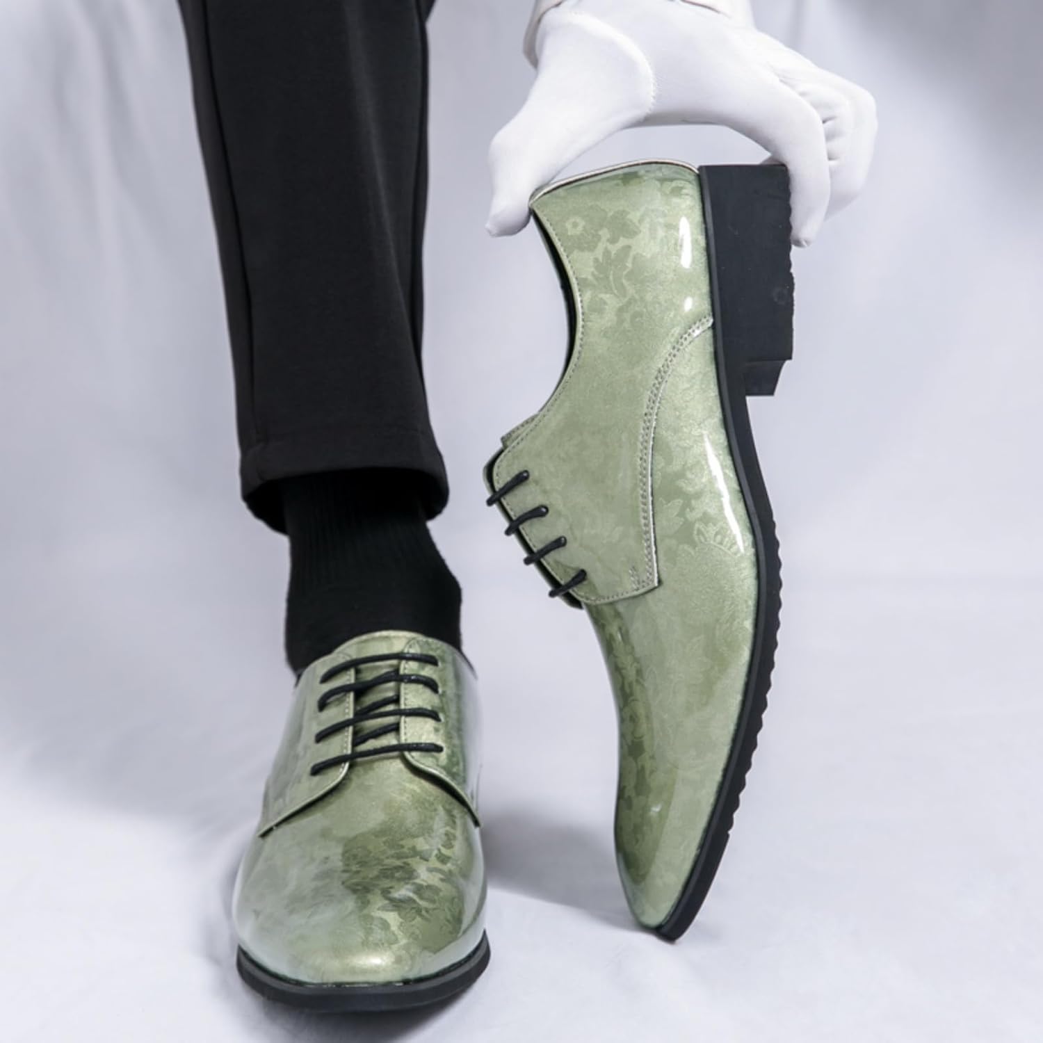Мужские ретро туфли Oxfords из лакированной кожи с принтом, шнуровкой, низким верхом, заостренным носком, с нескользящей подошвой и массивным каблуком, повседневные туфли Dreby для официальных мероприятий, бизнеса и свадеб Boaobaihuo, зеленый — фото 2