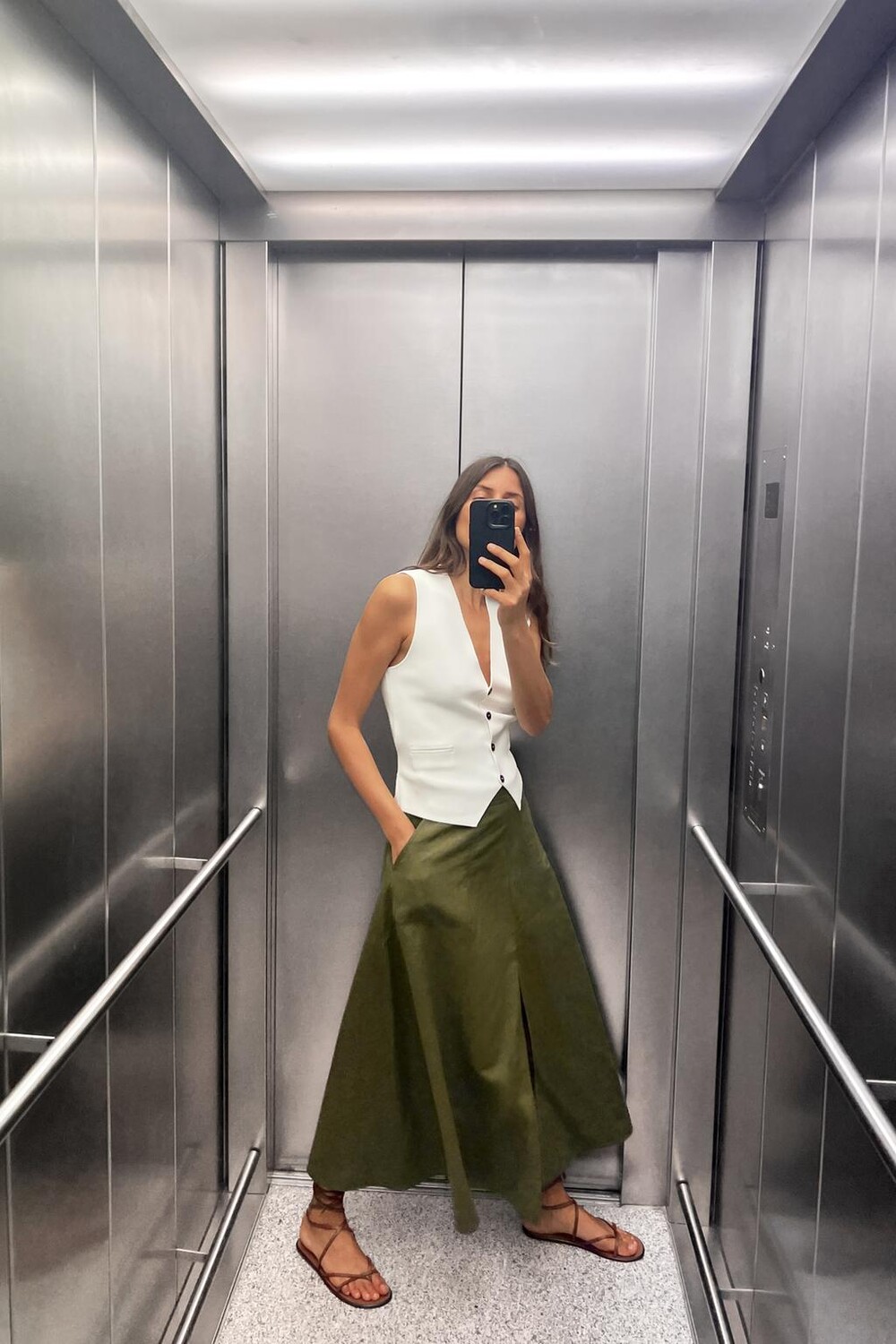 

Многослойная юбка миди из льна ZARA, хаки