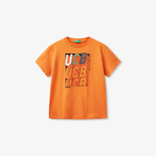 

Футболка хлопковая с коротким рукавом и принтом, 6-14 лет Benetton, охра