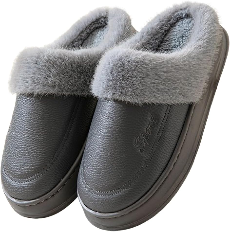 

Мужские домашние тапочки премиум-класса из кожи с флисовой подкладкой, противоскользящие, мягкие, теплые и пушистые, больших размеров Generic, серый