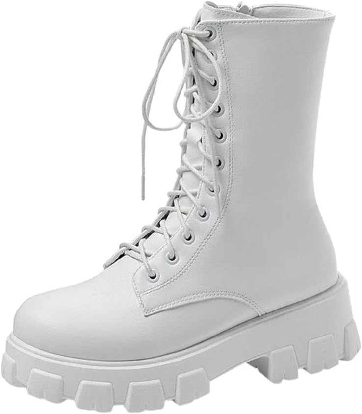

Мужские кожаные ботинки на платформе с шнуровкой, боковой молнией и массивной рифленой подошвой, высокие мотоциклетные ботинки, удобные, водонепроницаемые и противоскользящие Generic, White